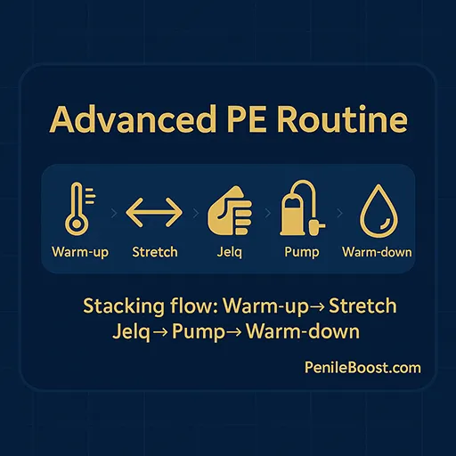Stacking flow: warm-up → stretch → jelq → pump → warm-down