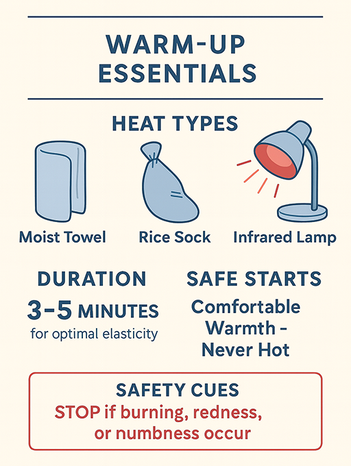 Warm-up methods: towel, rice sock, IR lamp