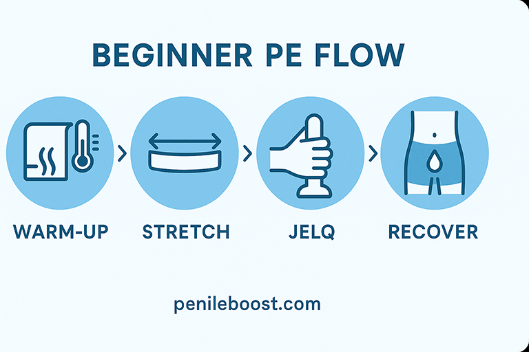 Beginner PE flow: warm-up → stretch → jelq → recover