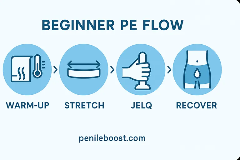 Beginner PE flow: warm-up → stretch → jelq → recover